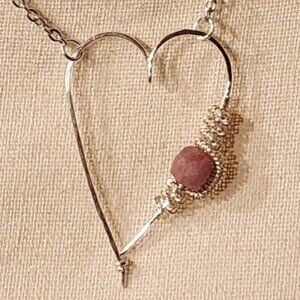 Hand Crafted Necklace Hammered Silver Heart with Square Tourmaline Gemstone Wire